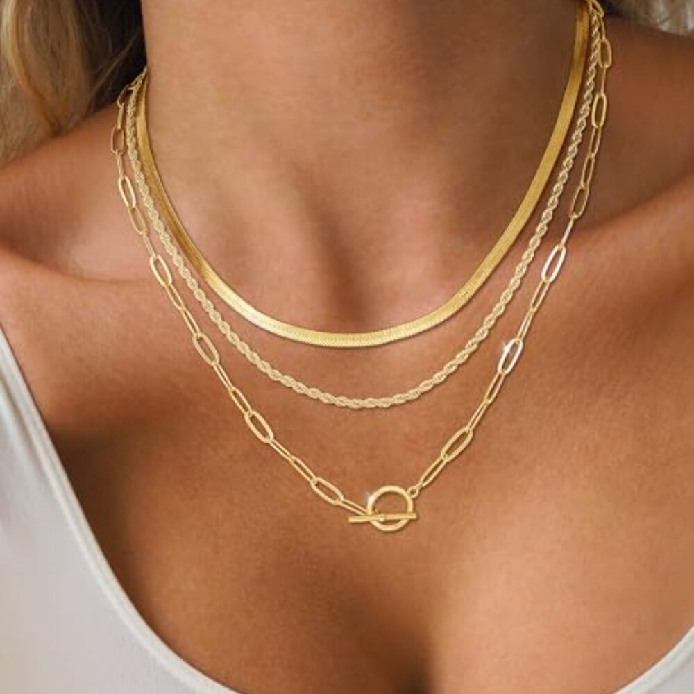 Gold Layered Necklace Set Stackable Chunky Choker… - image 3